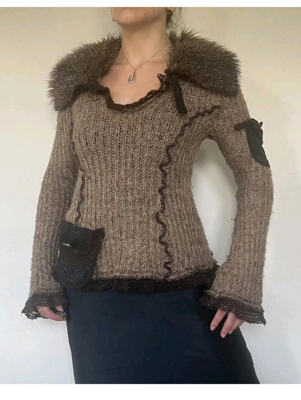Vintage french Zone Bleue brown fur collar patchwork mohair style knit jumper Sm